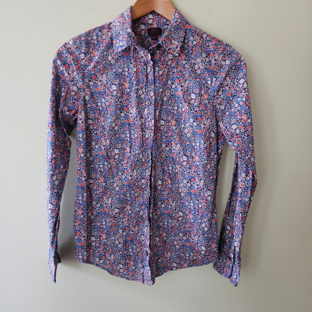 J. Crew Liberty Kayoko Indigo Sunset Slim Perfect Button Down Sz 2 Ditsy Floral